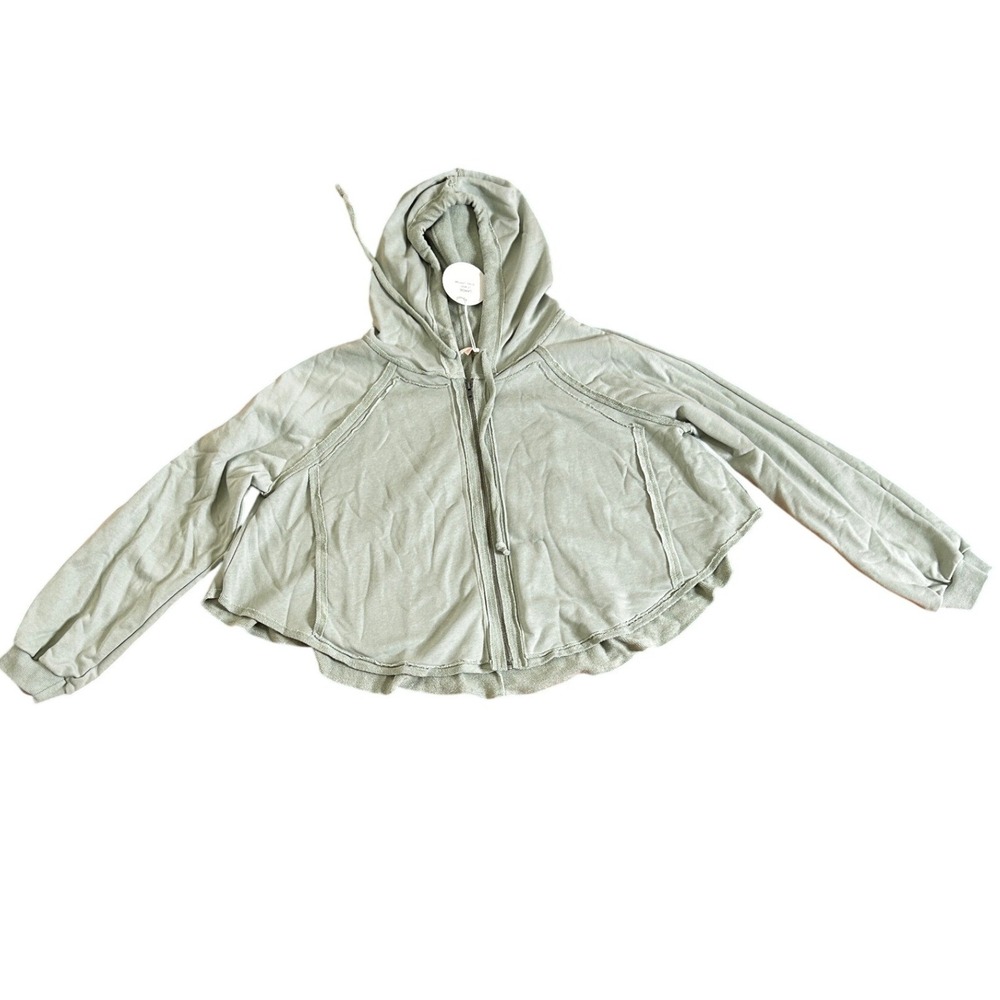 NWT Luxxel Hoodie Women Large Sage Green Zip Up Cropped Flare Oversized Cropped